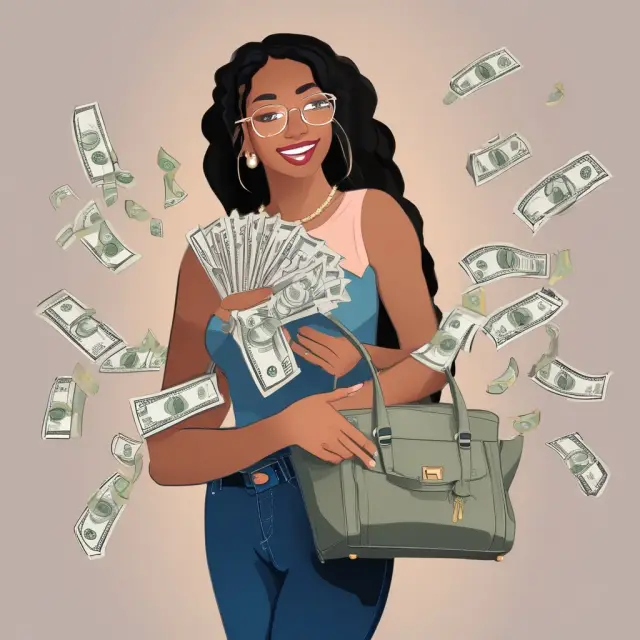 A consumer clutching a purse overflowing with dollars and credit cards, illustrating the allure of cash-back rewards