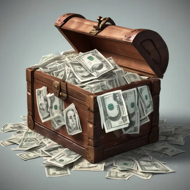Image of a treasure chest filled with money and labeled bills representing cash-back percentages. Enhancing blog post on cash-back rewards.