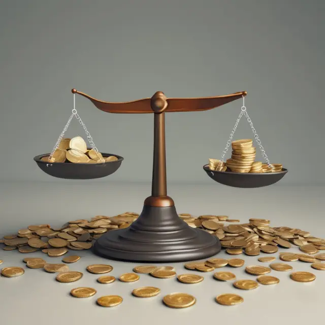 Scale balances gold coins and business dollar bills, illustrating cash management strategies for individuals and businesses