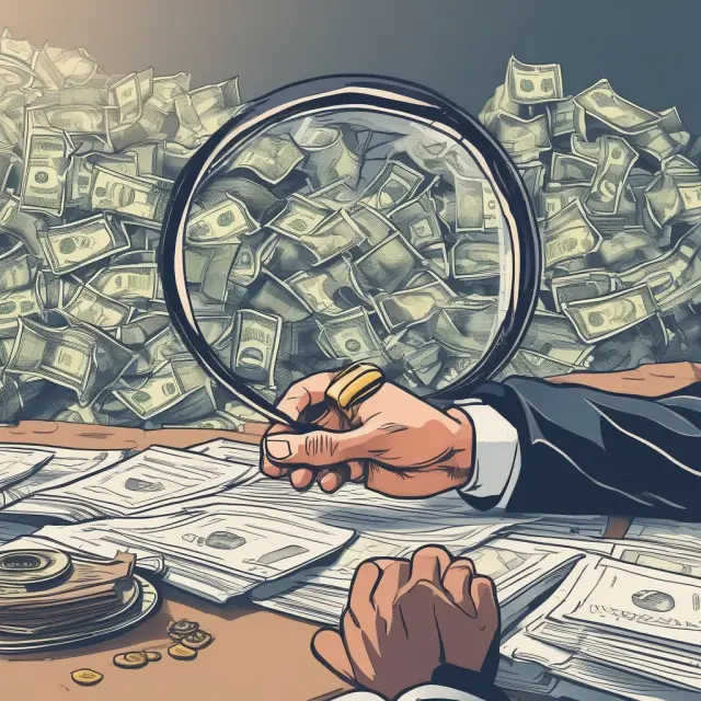 Professional investor examining cash ratio using magnifying glass, with flowing river illustrating assets and liabilities