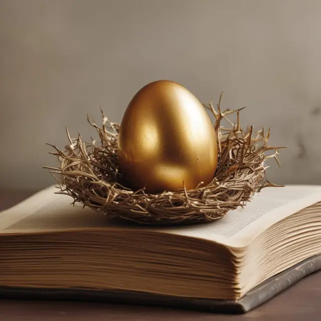 Golden nest egg on an old book representing long-term savings and retirement planning