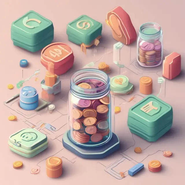 Cash accounting software solutions represented by five interconnected jars where coins symbolize business transactions