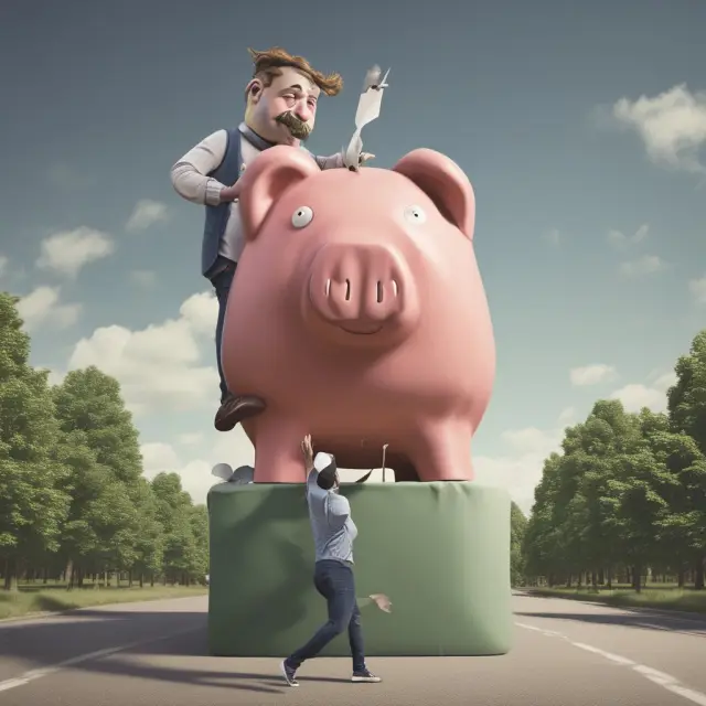 Man grappling with large piggy bank at financial crossroads, representing payday loans vs alternatives