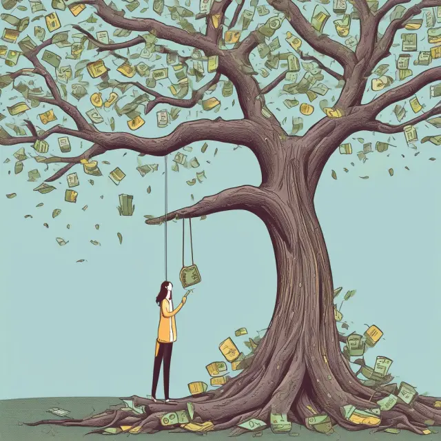 Person reaches for cash advance as a lifeline amidst heavy debt, surrounded by credit card trees