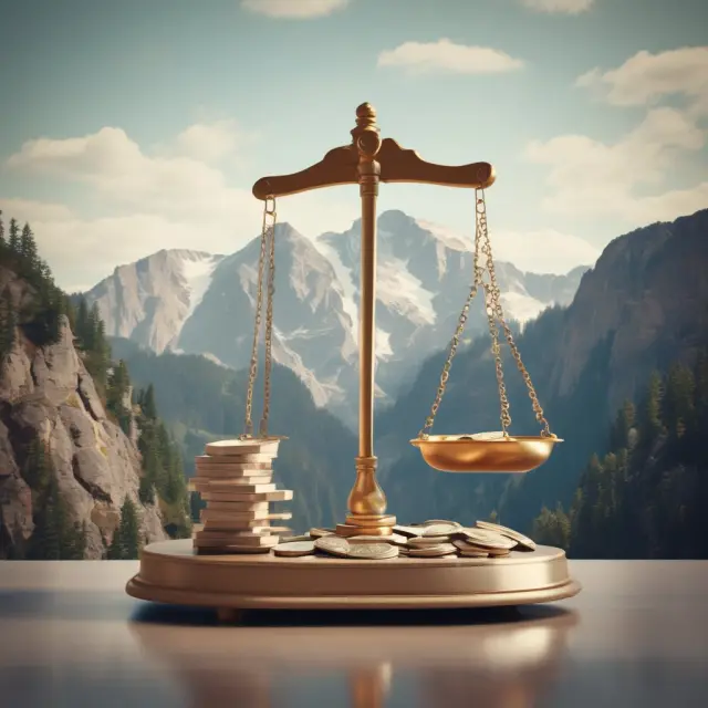 A balanced scale tilting towards a towering mountain of high-interest rates and fees, symbolizing the financial burden of cash advance disadvantages.