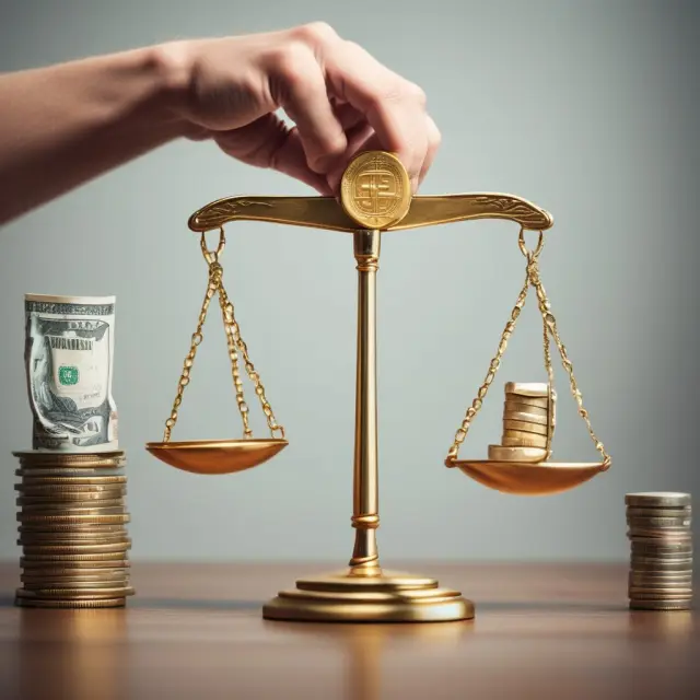 Institutional investor weighing gold coins and cash equivalents on a scale, symbolizing the comparison between risk, yield, and returns