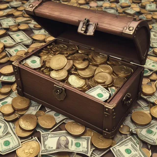 Golden chest with gold coins and bond symbols, illustrating companies