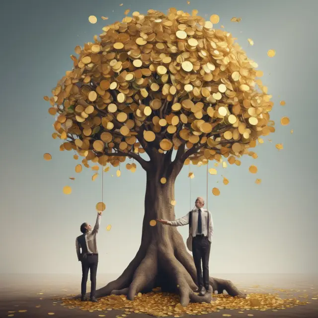 An employer caring for a golden tree, representing cash balance pension plans, with employees enjoying its fruitful returns