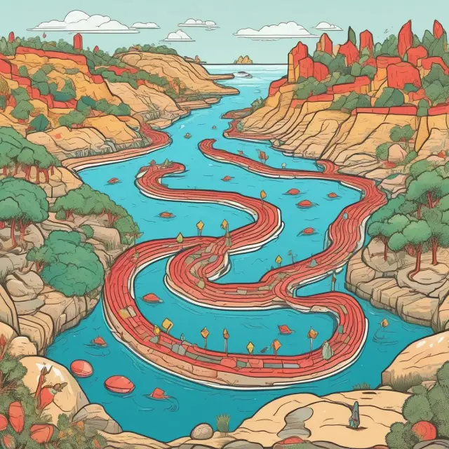 A flowing river symbolizing cash budget, with golden coins representing sales (inflows) and red stones depicting expenses (outflows)