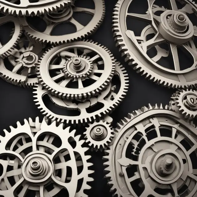 An intricately designed clockwork mechanism with gears aligning to distribute cash dividends among shareholders