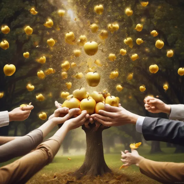 Golden apples falling from a laden tree to investors, representing regular cash dividends.