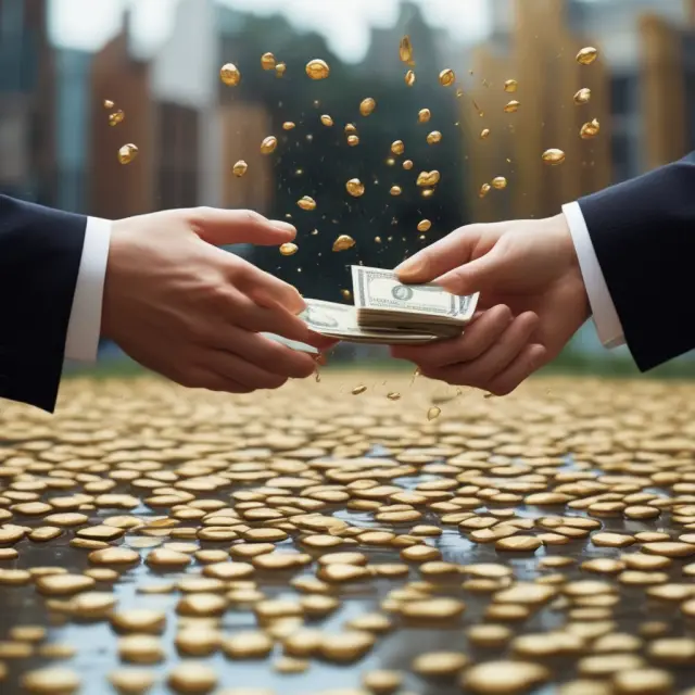 Golden raindrops symbolizing cash dividends falling on a balance sheet, connecting equity and liability sections