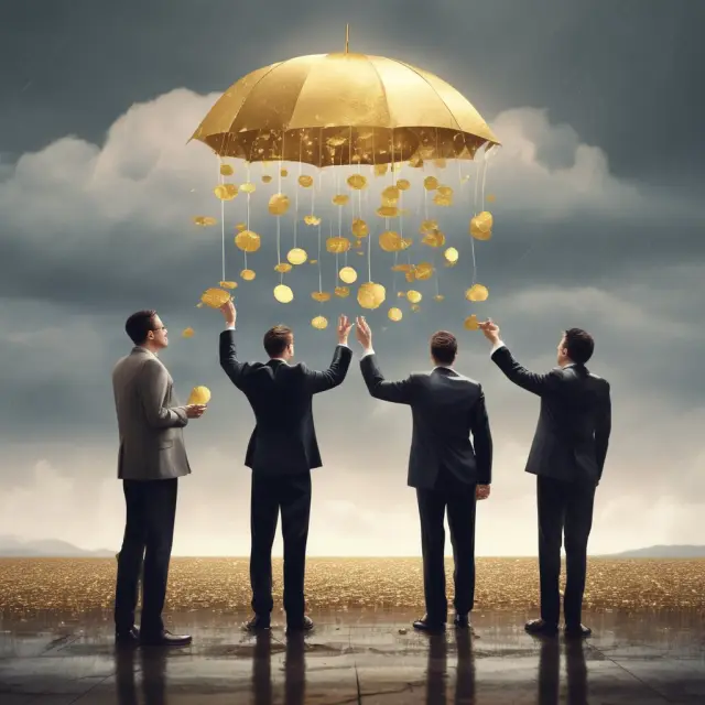 Golden coins falling from the sky, symbolizing cash dividends for shareholders
