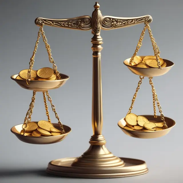 A golden scale balances the advantages (coins on one side) and disadvantages (empty side) of cash equivalents for investors.