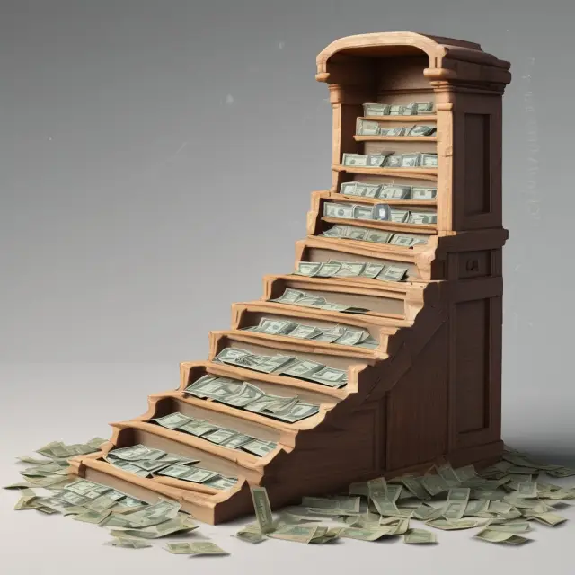 A ladder of cash equivalents steps leading to a treasure chest filled with dollar bills and interest rates floating above, symbolizing strategic investment planning and yield.