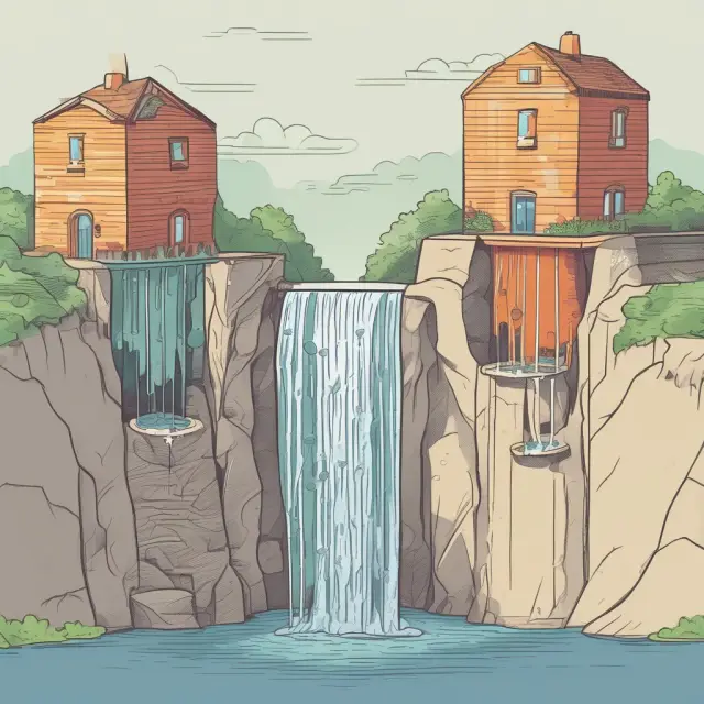 A waterfall cascading cash into three pools labeled 