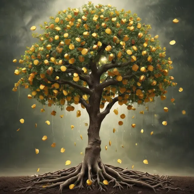 An apple tree thriving with gold coins as roots representing cash inflows from financing and stock branches offering continuous profit growth