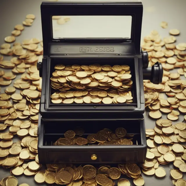 A cash register overflowing with golden coins symbolizing KPIs used for analyzing a company
