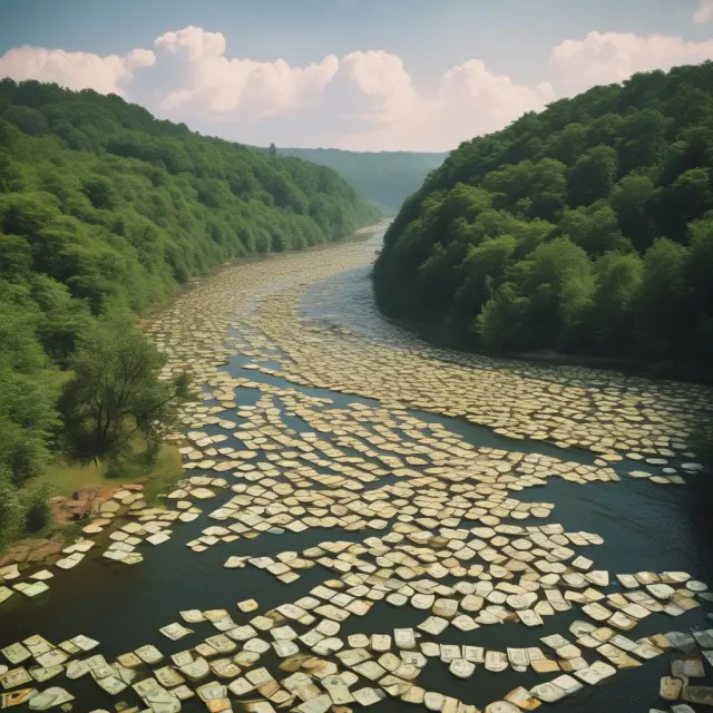 An intricate river with forks symbolizing macroeconomic factors - interest rates, inflation, and exchange rates - shaping a company