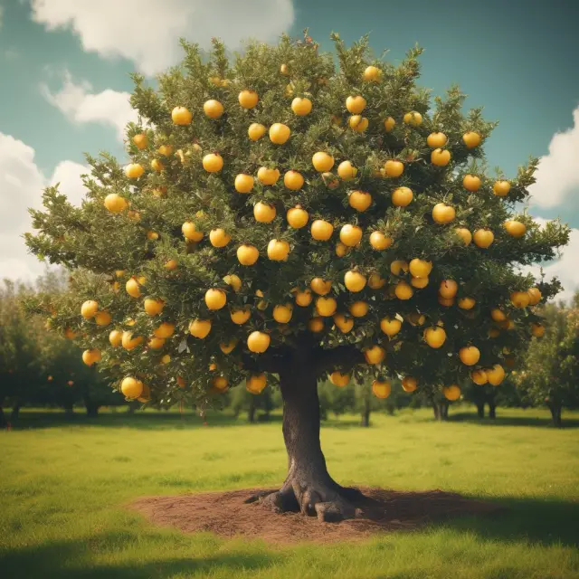 Golden apples signifying profits on a flourishing apple tree, with positive cash flow from investing activities in the background