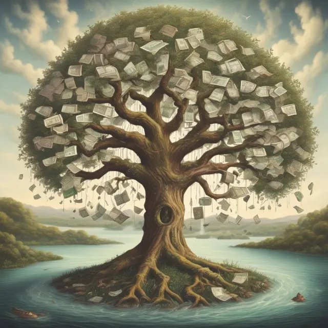 Image of a tree with investment securities as leaves and capital expenditures represented by roots, surrounded by rivers symbolizing interest from lending activities