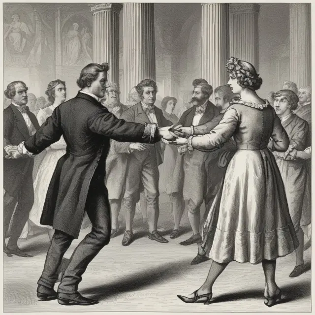 An image of stock market figures engaging in a dance representing financial transactions: issuing shares, borrowing debt, repaying loans, and paying dividends