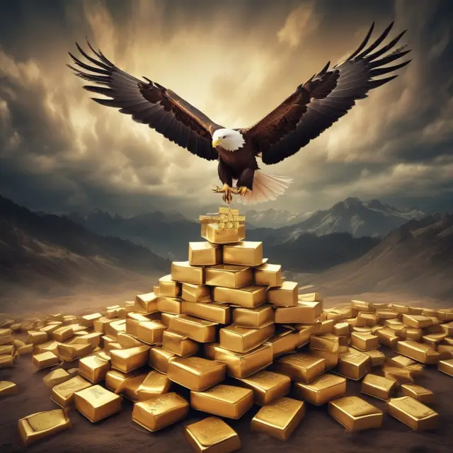 Capital eagle flying above gold bars and stock charts, illustrating an institutional investor