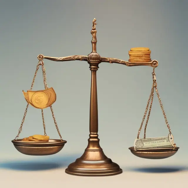 Two scales with a golden coin balanced between them, representing the contrasting calculations of cash-on-cash return and ROI for real estate investments