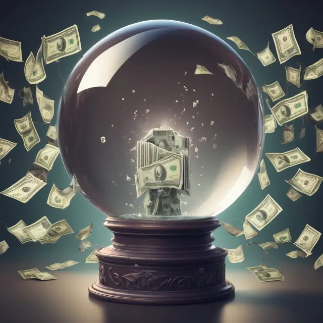 A crystal ball filled with money and cascading water representing past, present, and future cash flows, illustrating cash-on-cash return forecasting.