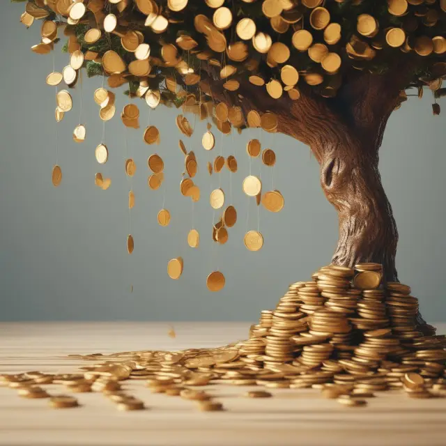 Golden coins representing rental income flowing downwards towards a mortgage payment pile. Tree symbolizes the investment property, emphasizing cash-on-cash return calculation