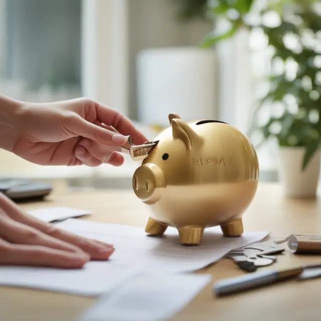 A homeowner takes out cash from a gold-colored piggy bank, labeled 