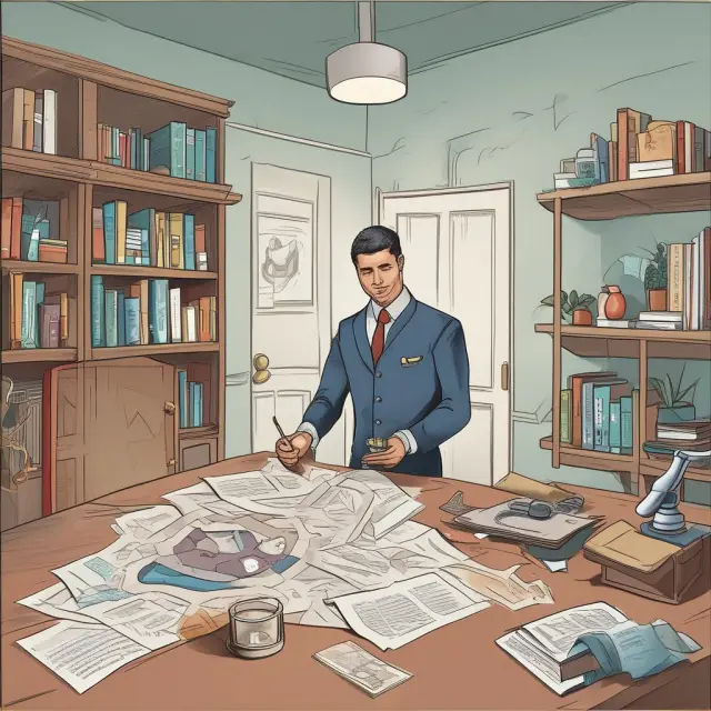 A person sits at a table, sorting through documents while a balance scale hovers nearby to illustrate homeowners