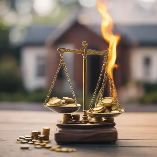 Golden coins symbolizing home equity balance on a scale, tipping towards a burning house, representing cash-out refinancing.