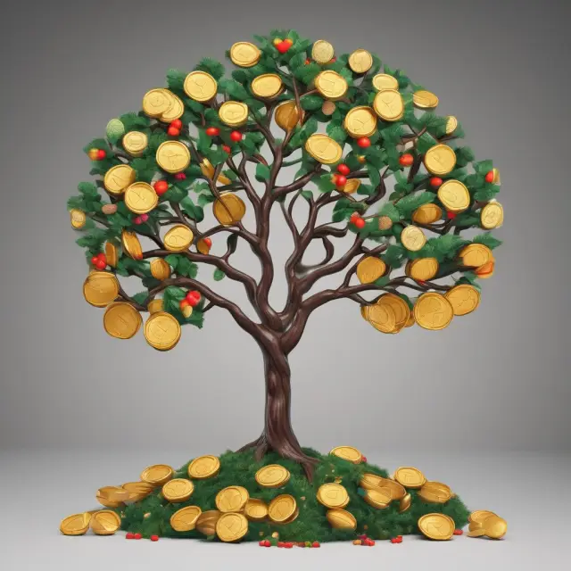 A mature tree with edible fruit and golden coins on some branches symbolizes the flexibility of cash surrender value in life insurance policies.