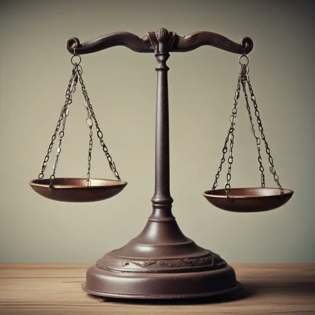 An old scale tips toward a hidden question mark, representing the uncertainty and risk associated with caveat emptor in legal contracts
