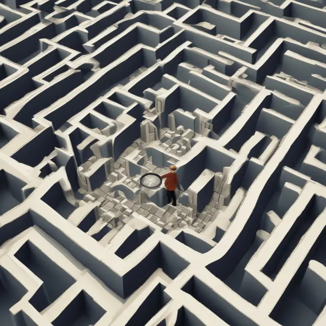 A magnifying glass hovering over an intricate real estate maze, emphasizing due diligence and careful examination.