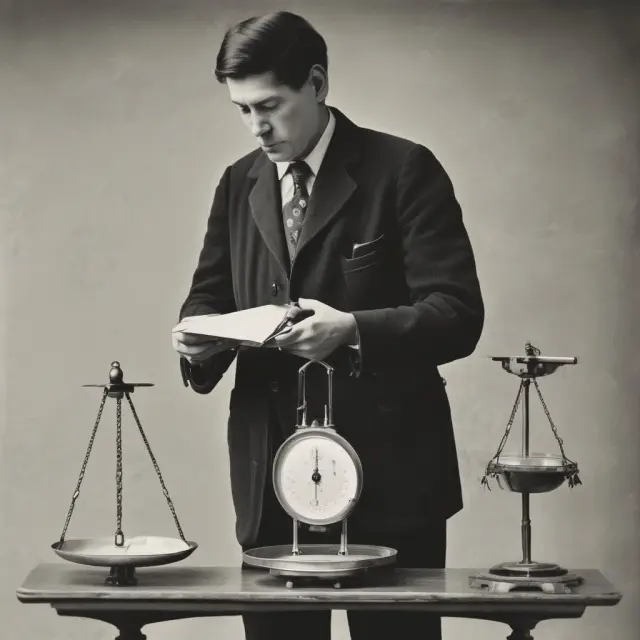 Buyer inspecting a scale balanced between caveat emptor (let the buyer beware) and regulations. Regulations shown as books and warranties, while caveat emptor represented by a warning sign.