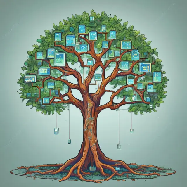 A majestic blockchain tree nurtures a digital central counterparty clearing house (CCP), representing growth, innovation, and the potential integration of secure, decentralized technology within CCPs.