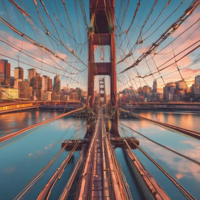 A stylized digital bridge made of interconnected blockchains, symbolizing the integration of blockchain technology into CCPs for enhanced efficiency and cost savings