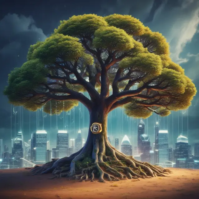 A group of financial institutions connected by branches representing blockchain technology, fostering collaboration for secure and efficient clearing processes