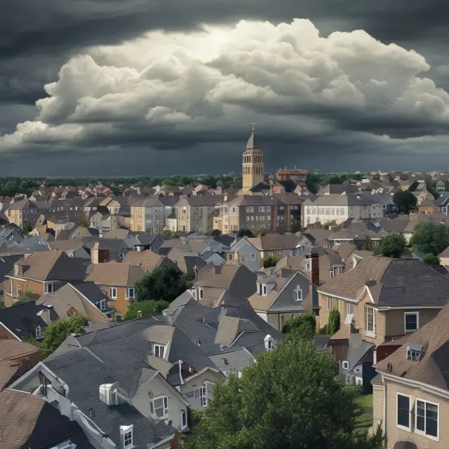 Rain clouds gathering over a tower of houses, representing the subprime mortgage crisis