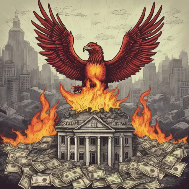 Phoenix bird rising from the ashes while CDO structures transform and rebuild, reflecting post-subprime mortgage crisis regulatory reforms.