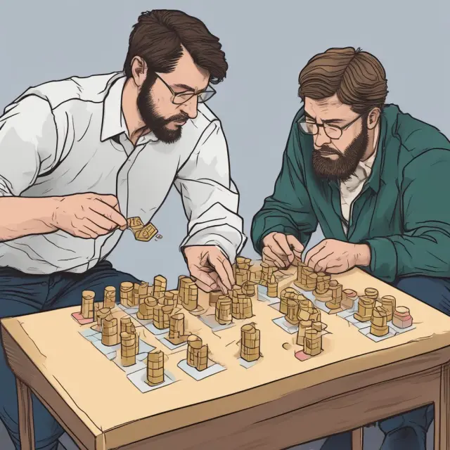 Two mathematicians, one shaping a normal curve with dice (CLT) and another stacking aligned coins for averages (LLN), symbolizing their unique roles in statistical analysis.