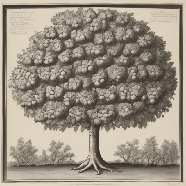 An apple tree with roots representing de Moivre, branches blooming with proofs from Laplace and Liapounov, and fruits showcasing applications in finance