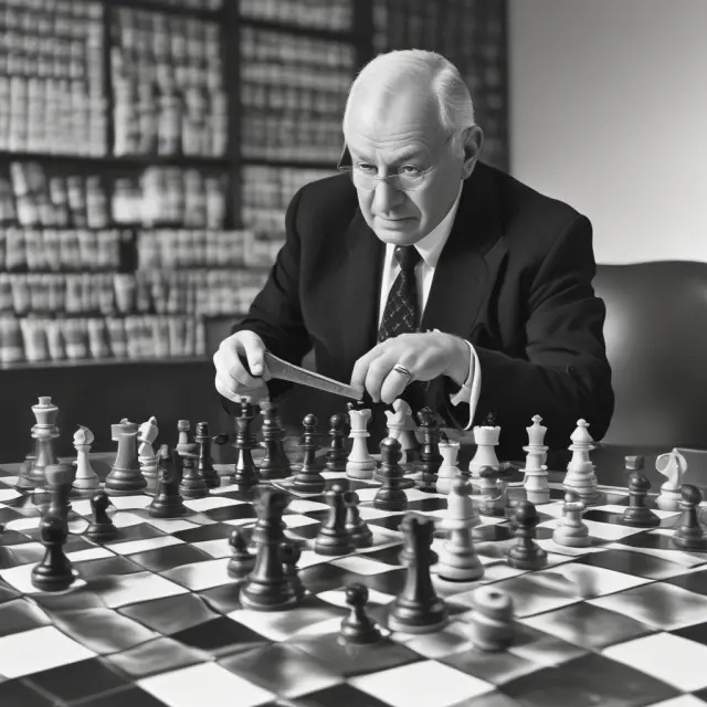 A central planner at a large table, adjusting pieces on a chessboard representing various industries to balance economic priorities