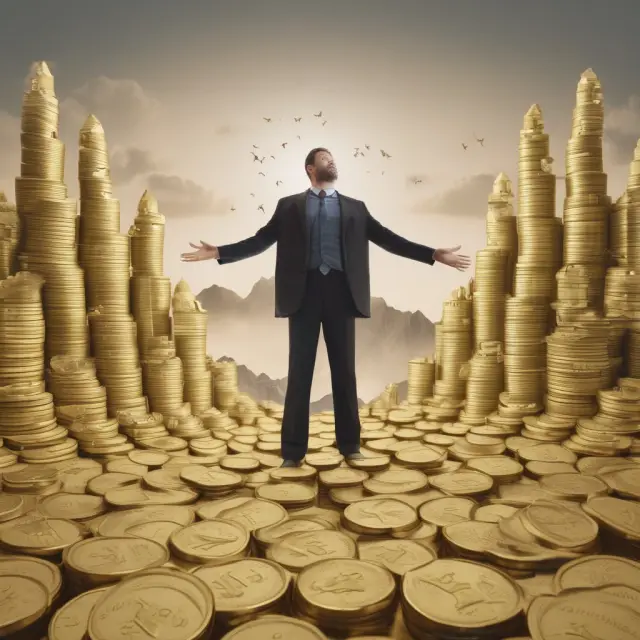 CEO on mountain of gold, contrasted by worker valley