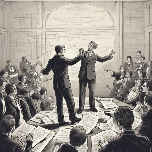 A CEO (conductor) leading an orchestra of executives, representing their role in managing relationships and strategy