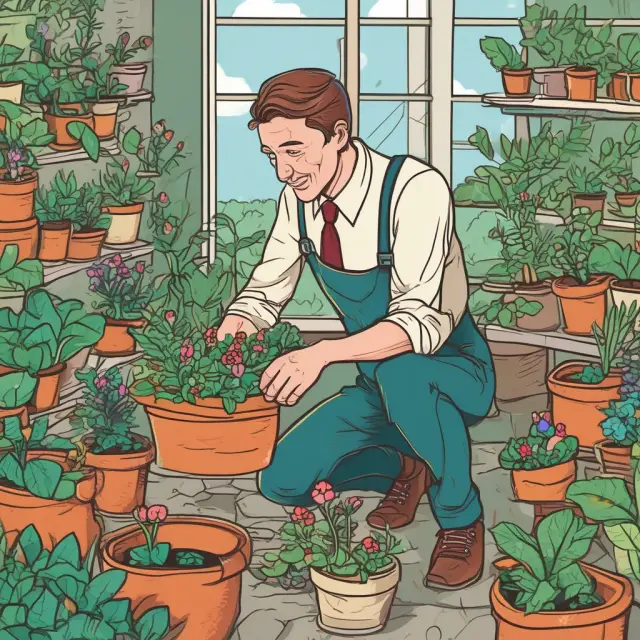 A CEO as a gardener tending to a thriving garden of employees in a blossoming company culture