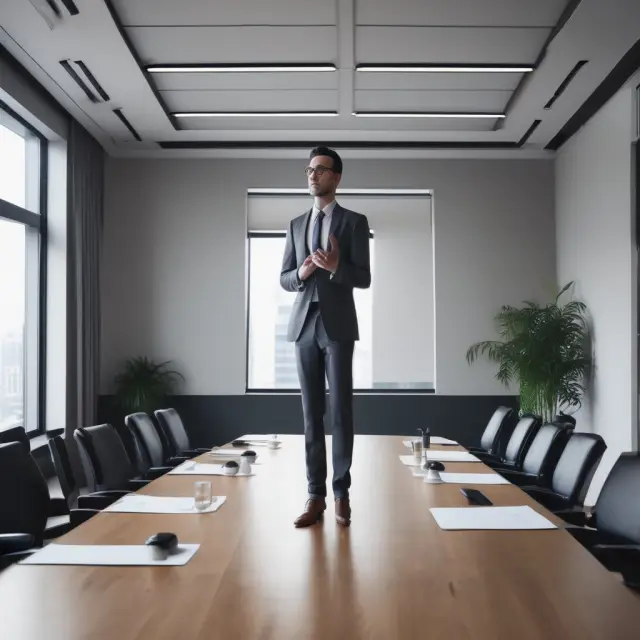 CEO utilizing strong verbal and nonverbal communication skills in a well-lit boardroom setting.