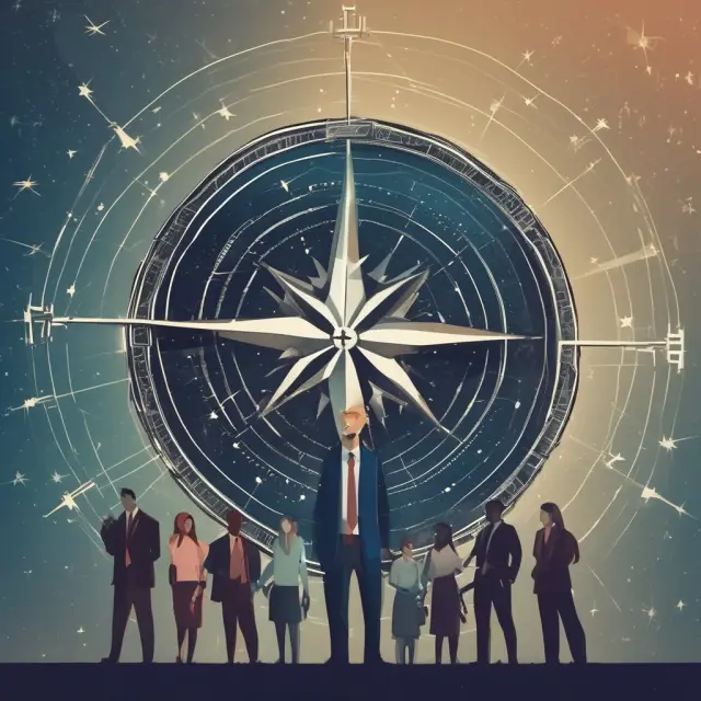 Imagery of a CEO atop a hill, surrounded by stars representing various business aspects, with a compass in hand and guiding the organization towards success